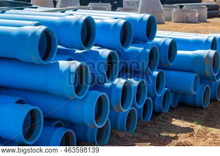 New Pvs Blue Plastic Pipe Is Introduced For Drainage Septic System On Construction Site Of New Home