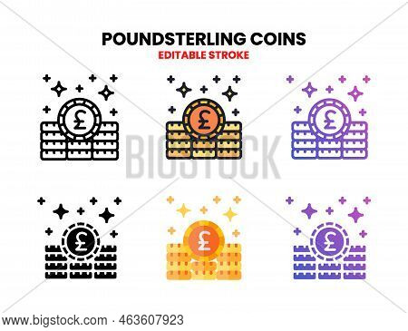 Poundsterling Coins Icon Set Style Ouline, Glyph, Flat Color And Gradient. Editable Stroke And Pixel