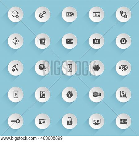 Bitcoin Vector Icons On Round Puffy Paper Circles With Transparent Shadows On Blue Background. Bitco
