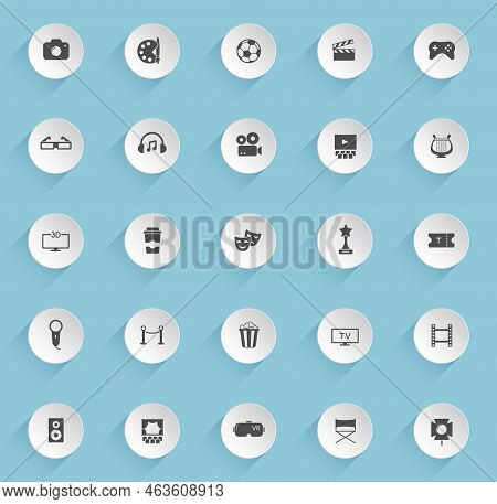 Entertainment Vector Icons On Round Puffy Paper Circles With Transparent Shadows On Blue Background.