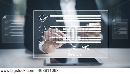 Signing Electronic Documents On Digital Documents Online, Businessman With Contract Electronic Signa