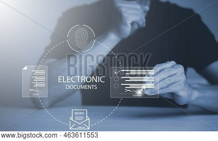 Signing Electronic Documents On Digital Documents Online, Businessman With Contract Electronic Signa