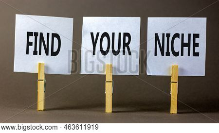 Find Your Niche Symbol. Concept Words Find Your Niche On White Papers On Wooden Clothespins. Beautif