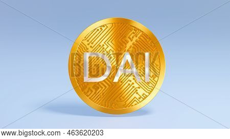 Dai Cryptocurrency Stablecoin, Token For Internet Payments, 3d Rendering On A Blue Background