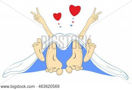 All You Need Is Love. Love Couple Rendezvous. 
Two Happy People Make Love Under A Blanket. Heart Sym