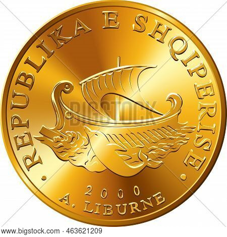 Vector Obverse Of Albanian Money 20 Lek Gold Coin With Liburne Ship