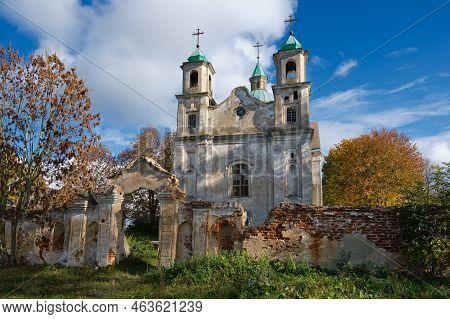 Old Ruined Catholic Church Of The Holy Trinity In Autumn, Benitsa, Minsk Region, Belarus.