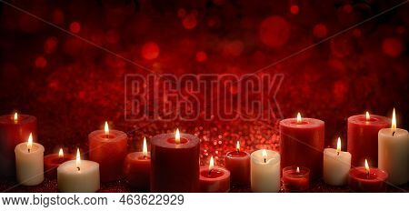 Burning Candles As A Border On A Red Festive Background With Glittering Bokeh Lights, Ideal For Chri