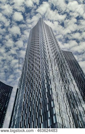 Manchester, Uk - February 22 2020: Day Low Angle Street Public View Of Modern Residential Skyscraper