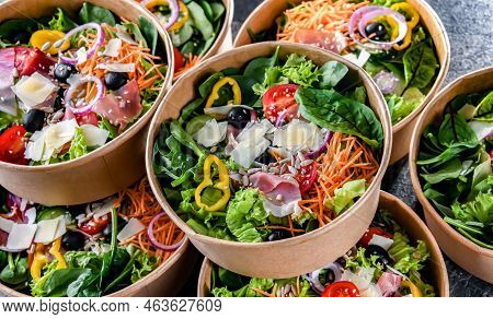 Paper Boxes With Pre-packaged Vegetable Salads Ready For Sale