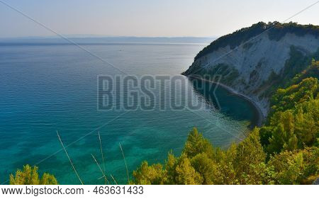 The Beach With The Poetic Name Moon Bay Lies Under A Rocky 80-meter Cliff In The Strunjan Nature Res