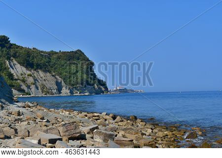 The Beach With The Poetic Name Moon Bay Lies Under A Rocky 80-meter Cliff In The Strunjan Nature Res