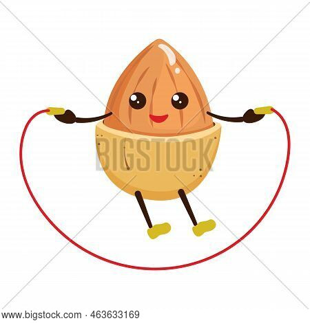 Almond Kawaii Goes In For Sports. Cartoon Illustration Of Nut Jumping On Rope