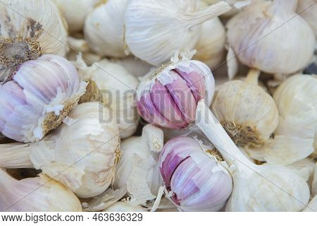Spanish Pink Garlic Bulbs. Displayed At Street Market Stall