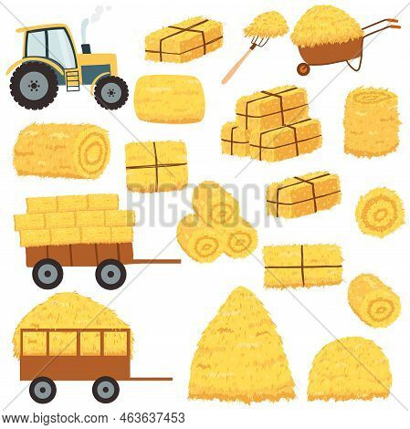 Tractor With Agricultural Haycock In The Trailer, Wheelbarrow In Cartoon Flat Style, Rural Hay Rolle