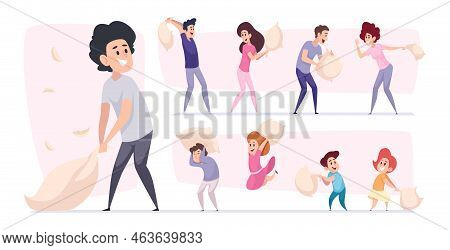 Pillow Fighting. Characters Playing With Pillows Jumping And Fighting On Bed Peoples Friendship Funn