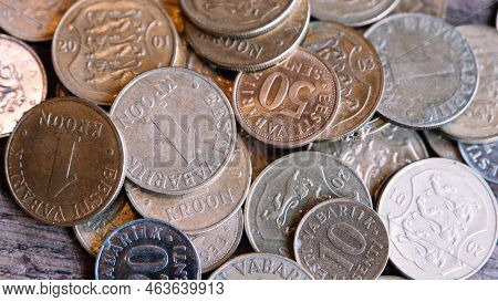 Various Coins Of The Old Inactive Republic Of Estonia. Senti, Krona 2001 Coin Close-up Isolated On W