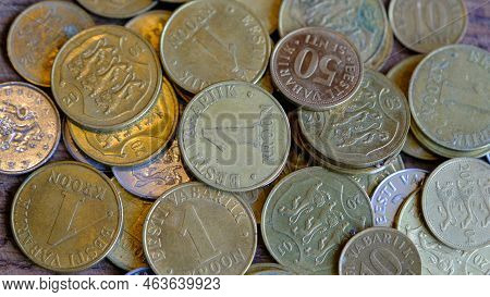 Various Coins Of The Old Inactive Republic Of Estonia. Senti, Krona 2001 Coin Close-up Isolated On W