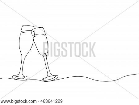 Two Clinking Champagne Glasses One Line Design. Creative Sparkling Wine Glass, Continuous Lines Vect