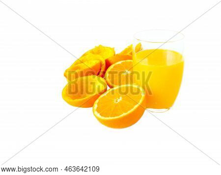 Fresh Orange Juice In The Glass And Orange Fruits Halves And Peel Isolated Png