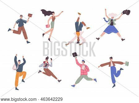 Students Jumping Poses. Jump Diverse Cartoon People, Happy Laughing Friends Freedom Pose, Energetic 
