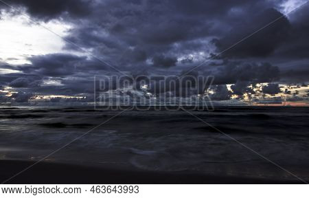 Dramatic Sunset Over Baltic Sea With Oil Platform In Background - Lubiatowo, Pomerania, Poland