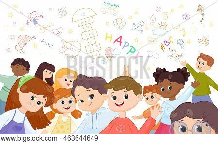 Group Of Happy Cute Kids. Funny Little Boys And Girls Preschoolers Look At Camera, Show Gestures And