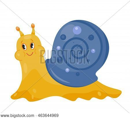 Cute Snail Character. Symbol Of Slowness, Charming And Charming Insect With Blue House On Its Body. 