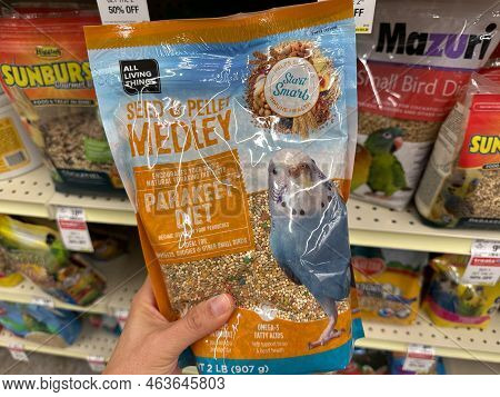Plymouth, Minnesota - October 14, 2022: All Living Things Brand Bird Seed Pellets Food For Parakeet 