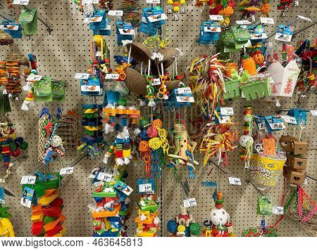 Plymouth, Minnesota - October 14, 2022: Large Display Of Colorful Bird Toys For Pet Birds On Sale At