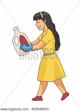 Girl Picking Up Trash. Schoolgirl In Yellow Dress Walks With Plastic Bottle In Hands. Waste Sorting.