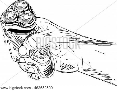 Vector Illustration Of Barber's Hand Holding An Electric Razor; Sketch Drawing Of Hand Holding An El