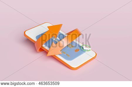 3d Mobile Phone, Smartphone With Credit Card, Check Isolated On Pink Background. Transfer Arrows, Sa