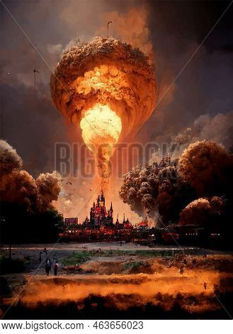 Mushroom From The Explosion Of A Nuclear Bomb Over The City. Nuclear War In The World. End Of The Wo