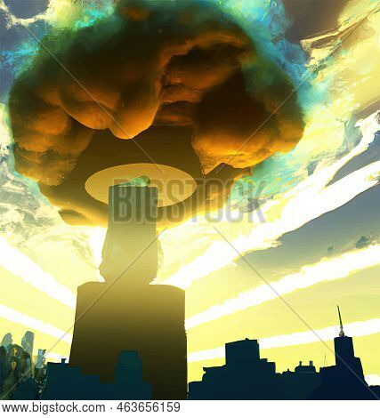 Mushroom From The Explosion Of A Nuclear Bomb Over The City. Nuclear War In The World. End Of The Wo