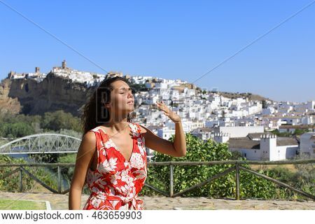 Stresed Tourist Suffering Heat Stroke Complaining Outdoors
