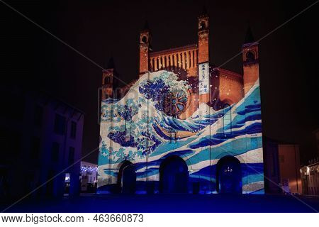 Alba, Italy - November 21, 2021 - Light Mapping Over The Saint Lawrence Cathedral Of Alba (piedmont,