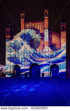 Alba, Italy - November 21, 2021 - Light Mapping Over The Saint Lawrence Cathedral Of Alba (piedmont,