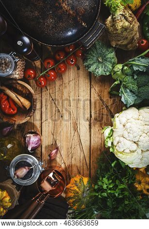 Autumn Food Background With Organic Farm Vegetables: Cauliflower, Broccoli, Root Celery, Pumpkin, He