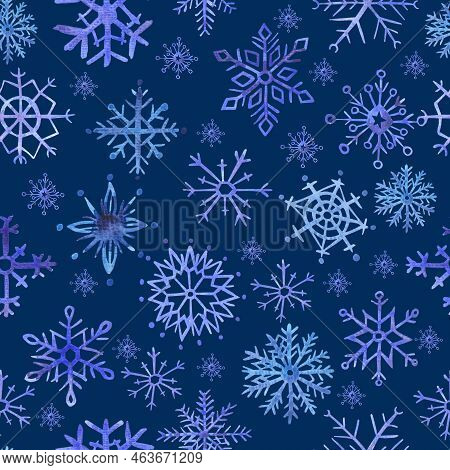 Snowflake Patterns. Blue Snowflake. Watercolor Illustration. Hand Drawn Pattern.