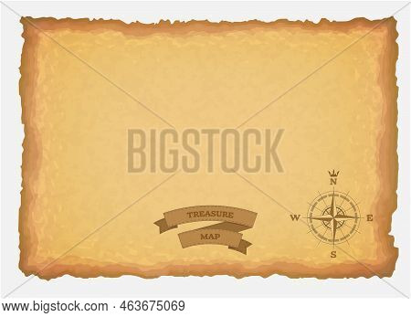 Map Template. Wind Rose, And Text Banner Ribbon On Old Brown Paper. Treasure Map Template Or Documen