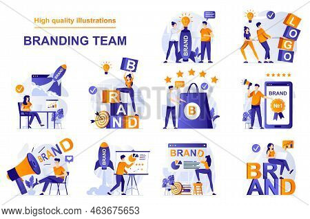 Branding Team Web Concept With People Scenes Set In Flat Style. Bundle Of New Brand Building For Bus