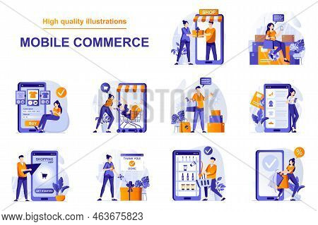 Mobile Commerce Web Concept With People Scenes Set In Flat Style. Bundle Of Online Shopping In Appli