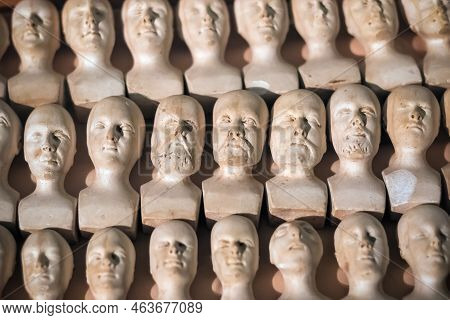 London, Uk - 17 January, 2022 - Selective Focus, Miniature Phrenological Heads On Display At Science
