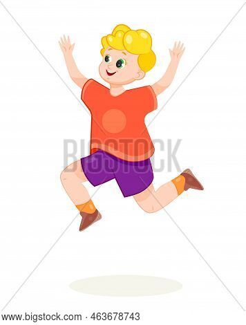 Happy Boy Jumping. Charming And Adorable Teenager In Blue Shorts And Red Tshirt. Childrens Fashion A