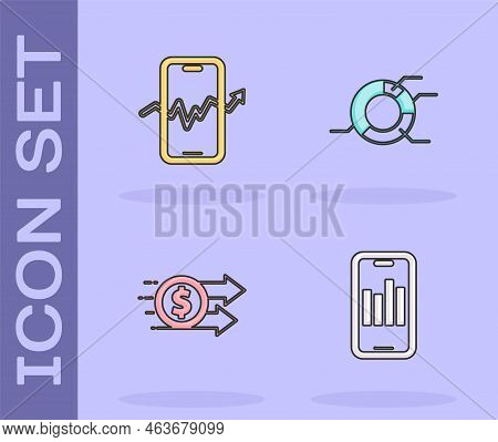 Set Mobile With Graph, Stock Trading, Financial Growth Dollar And Pie Chart Infographic Icon. Vector