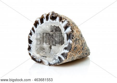 Hyaline Quartz With Agate Geode Isolated On White Background. A Cross Section Of Pure, Clear Or Colo
