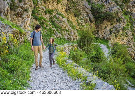 Family Travel - Father And Son Hiking In Mountains Of Montenegro, Kotor