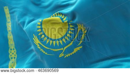 Close-up View Of The Kazakhstan National Flag Waving In The Wind. The Republic Of Kazakhstan Is A Tr