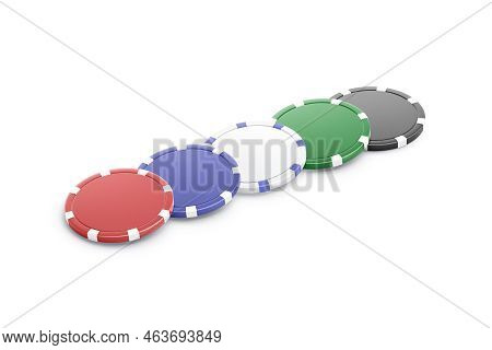 Blank Colored Plastic Round Chip Mockup Lying Row, Side View, 3d Rendering. Empty Gamble Or Parlay T